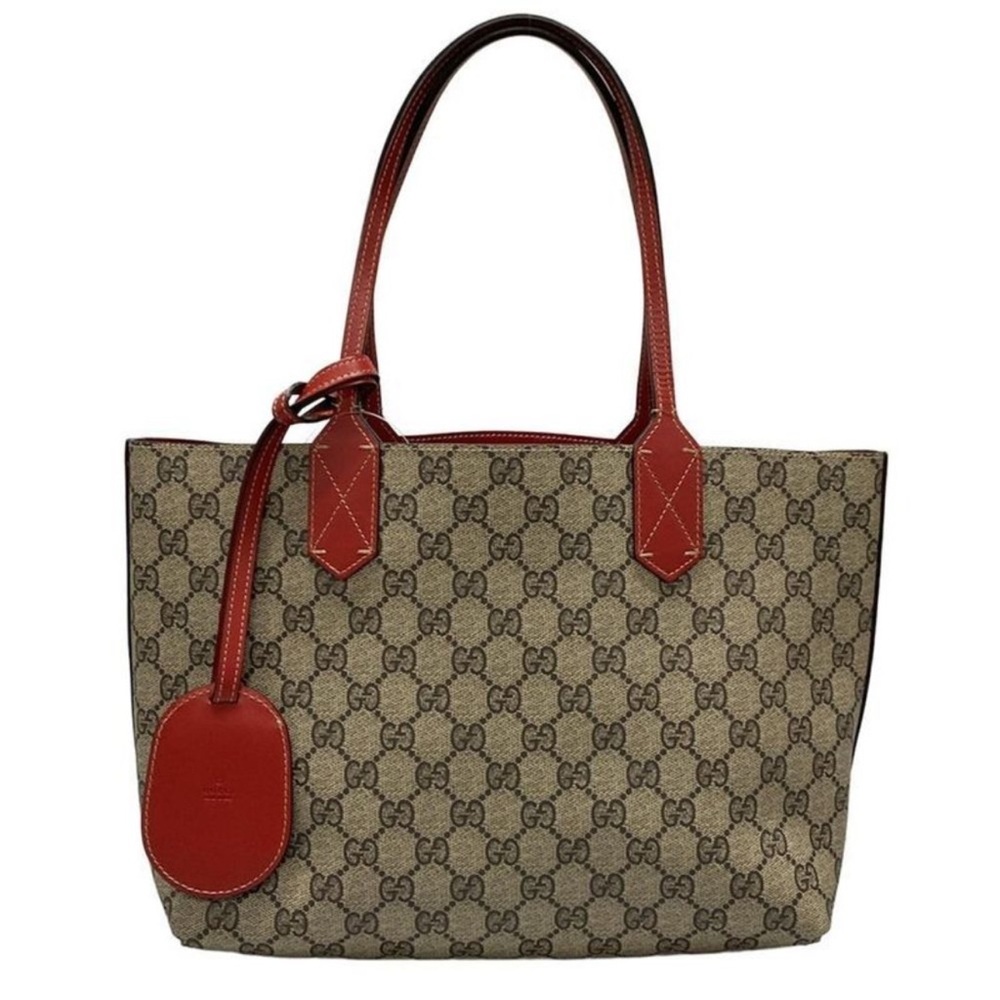 Gucci GG Supreme Reversible Small Tote Bag 372613 Beige X Ebony X Red Leather